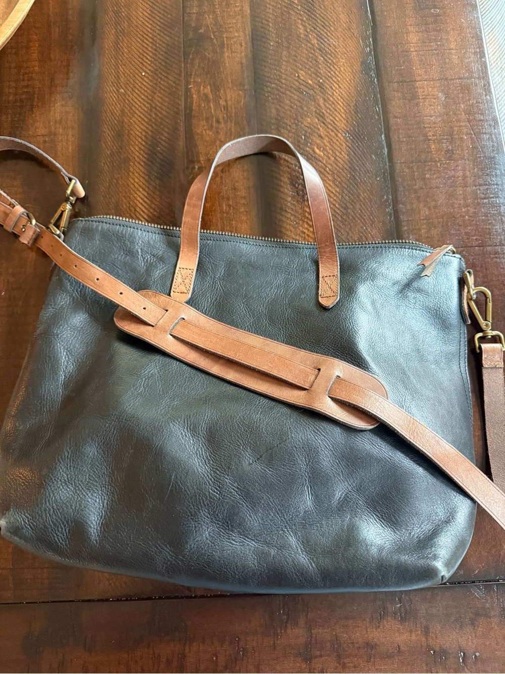 Madewell Black Leather Tote with Brown Leather Handles and Strap